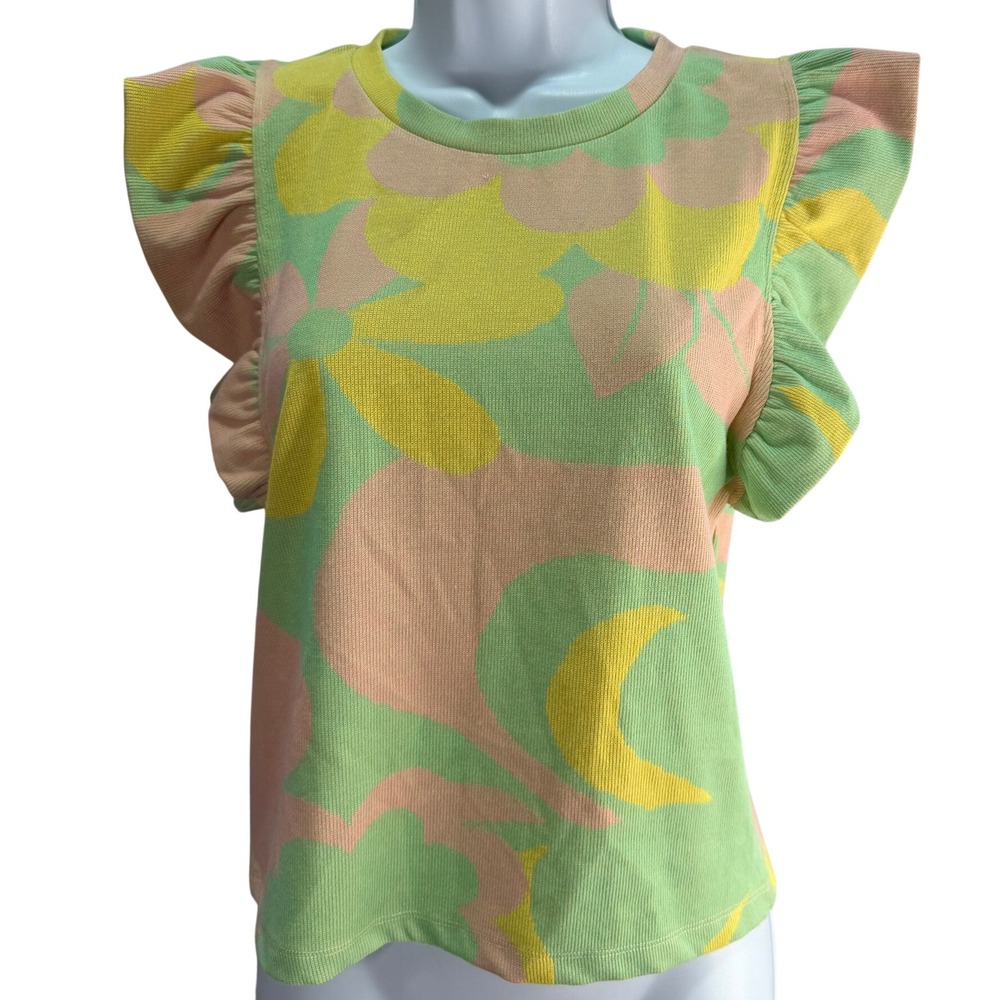 Zara Knit Top Womens M Green Floral Ruffle Sleeve Retro Mod Groovy Crew Neck